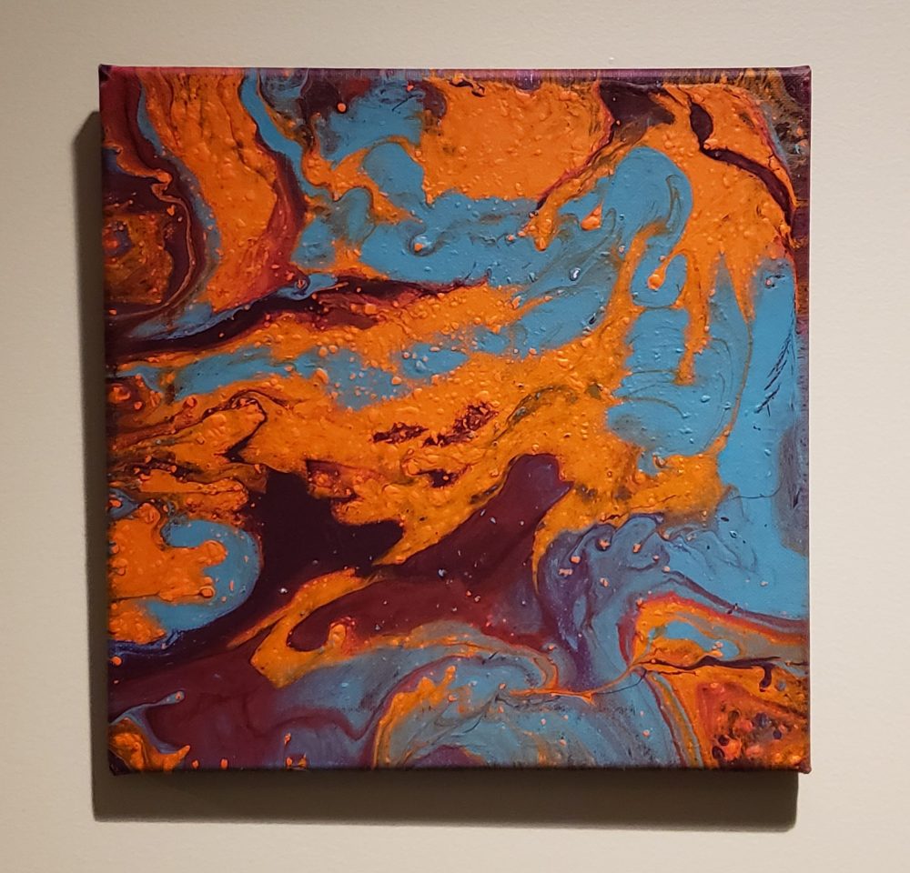 Acrylic Pour painting with Orange, Blue and Mauve colors