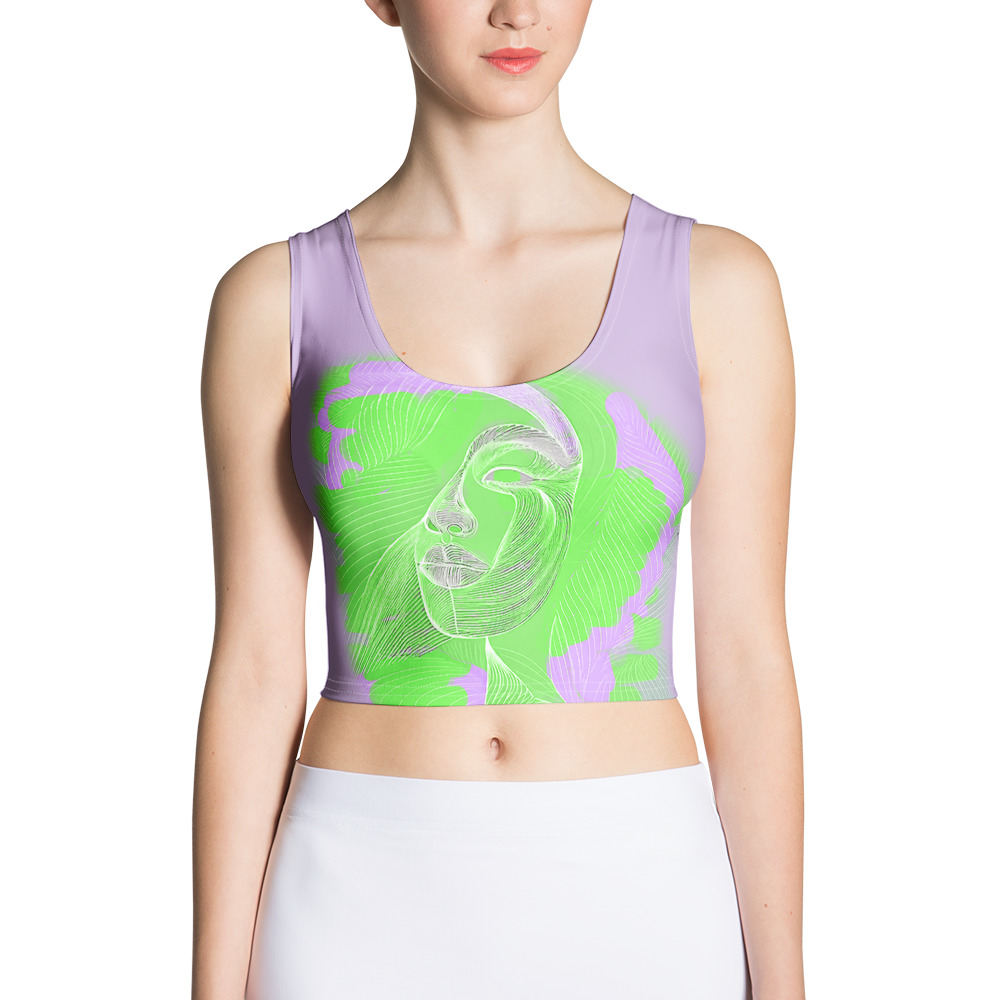 Abstract Line Art Woman’s Face Crop Top – Green & Purple