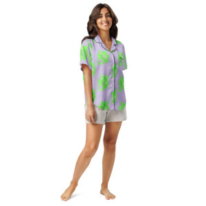 Abstract Line Art Woman’s Face Pajama Top – Green & Purple